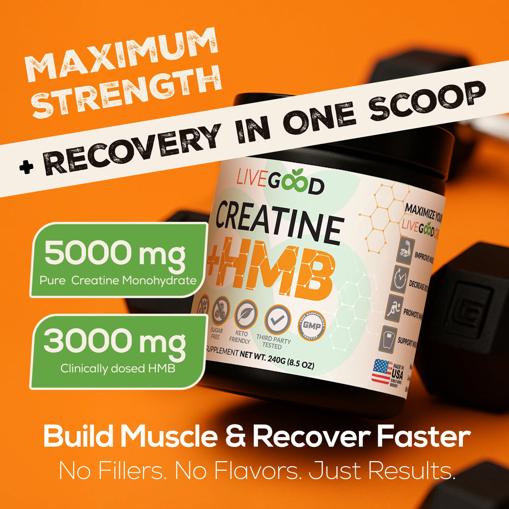 LIVEGOOD Creatine + HMB scoop with powder—simple daily dose for training support.