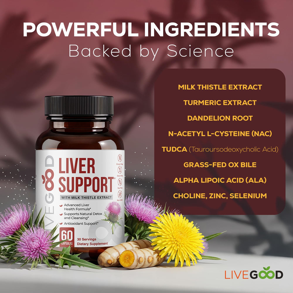 LIVEGOOD Liver Support bottle closeup highlighting milk thistle and dandelion root ingredients