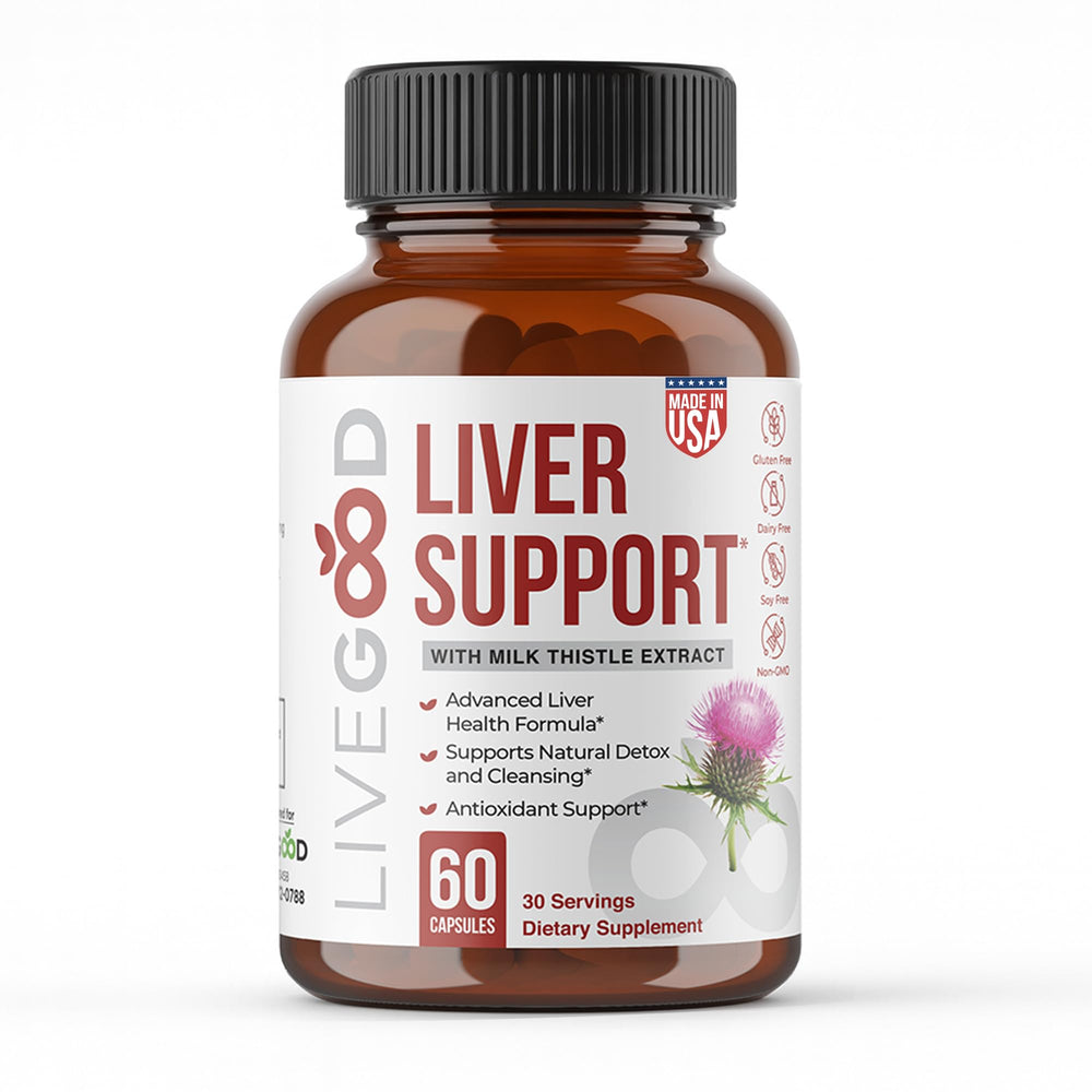LIVEGOOD Liver Support bottle front showing premium daily detox support formulation