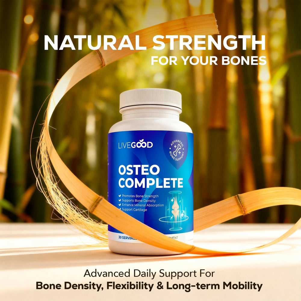 LiveGood Osteo Complete capsules closeup highlighting absorbable calcium blend