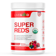 LiveGood Super Reds beetroot bottle highlights earthy color for daily energy.