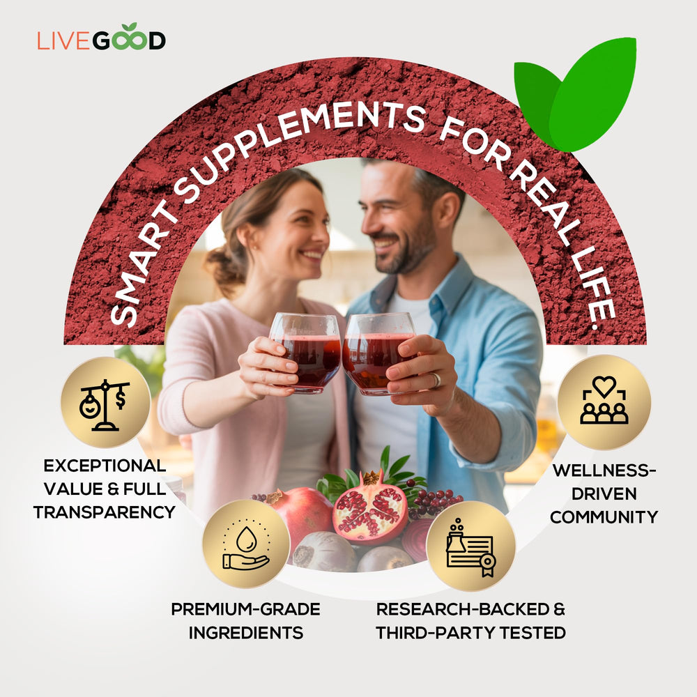 LiveGood Super Reds label close-up underscores premium USA-made quality.