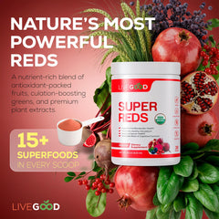 LiveGood Super Reds pomegranate powder bag shows vibrant mix ideal for smoothies.