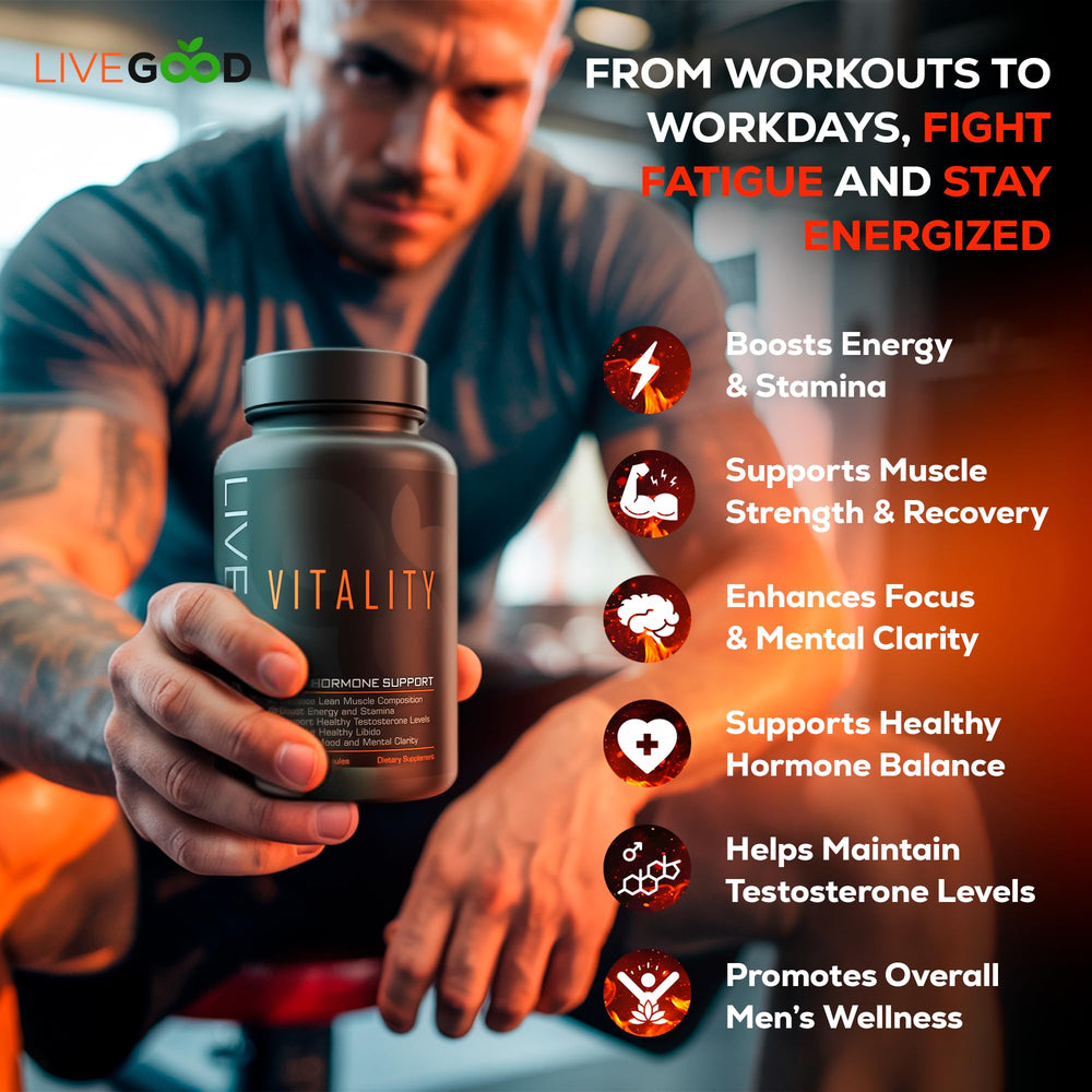 Daily use scene with LIVEGOOD Vitality Men's Support capsules demonstrates a simple routine.