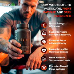 Daily use scene with LIVEGOOD Vitality Men's Support capsules demonstrates a simple routine.