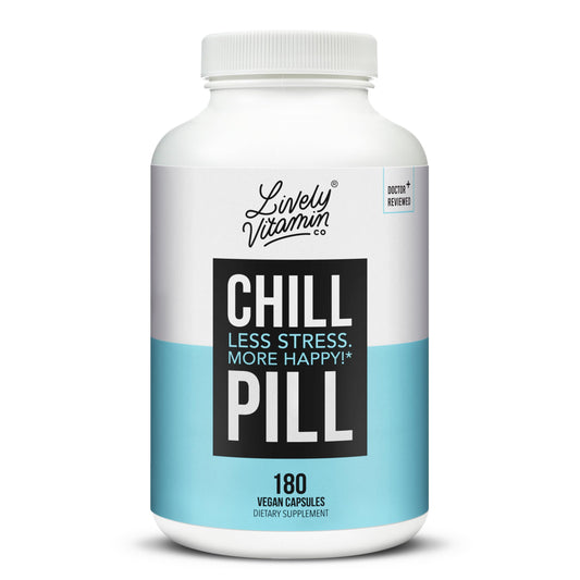 LIVELY VITAMIN CO Chill Pill bottle front shows calm mood support.