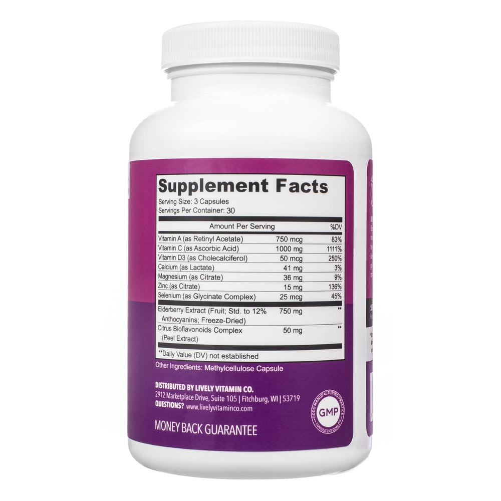 LIVELY VITAMIN CO. Elderberry Boom ingredients chart highlights zinc and vitamins C and D.