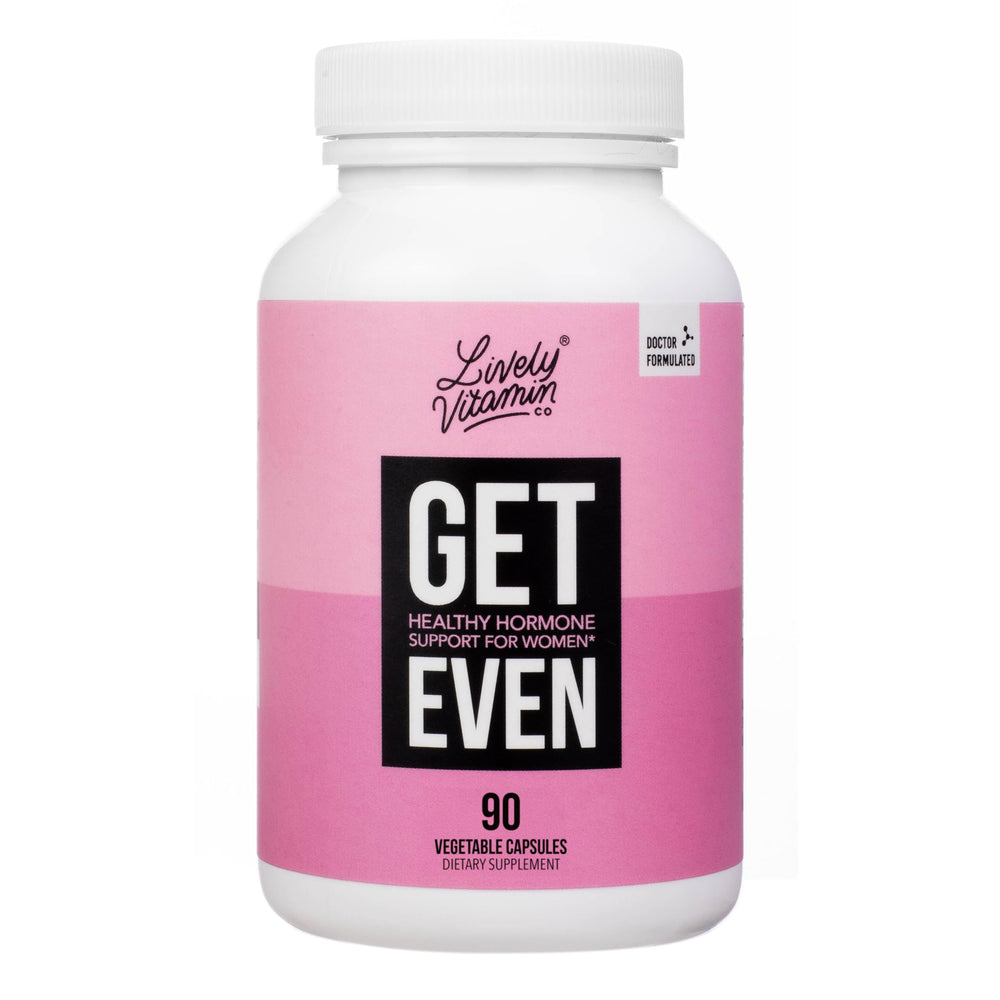 Lively Vitamin Co Get Even bottle close-up, showcasing daily hormonal support.