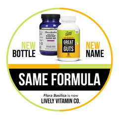 LIVELY VITAMIN CO Great Guts capsules close-up highlighting delayed-release technology.