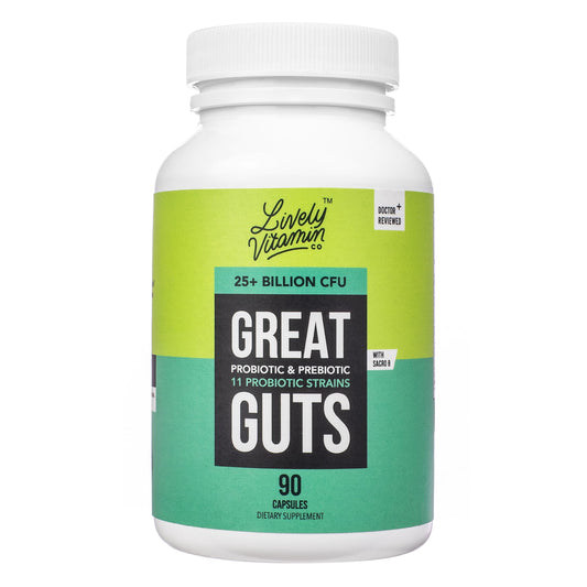 LIVELY VITAMIN CO Great Guts bottle highlighting 25B CFU probiotic for gut support.