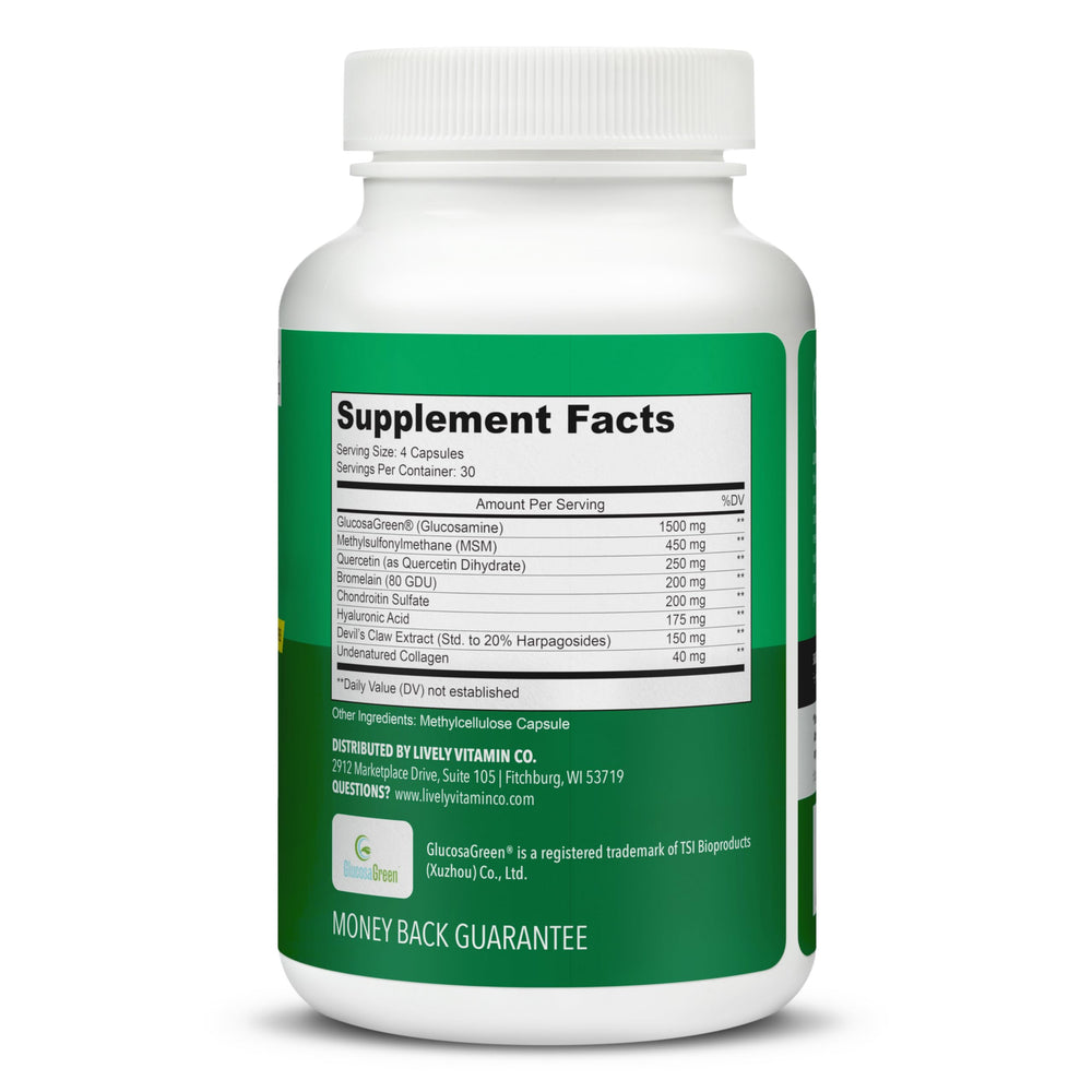 Joint Jive ingredient panel highlighting hyaluronic acid and plant-based glucosamine for lubrication.