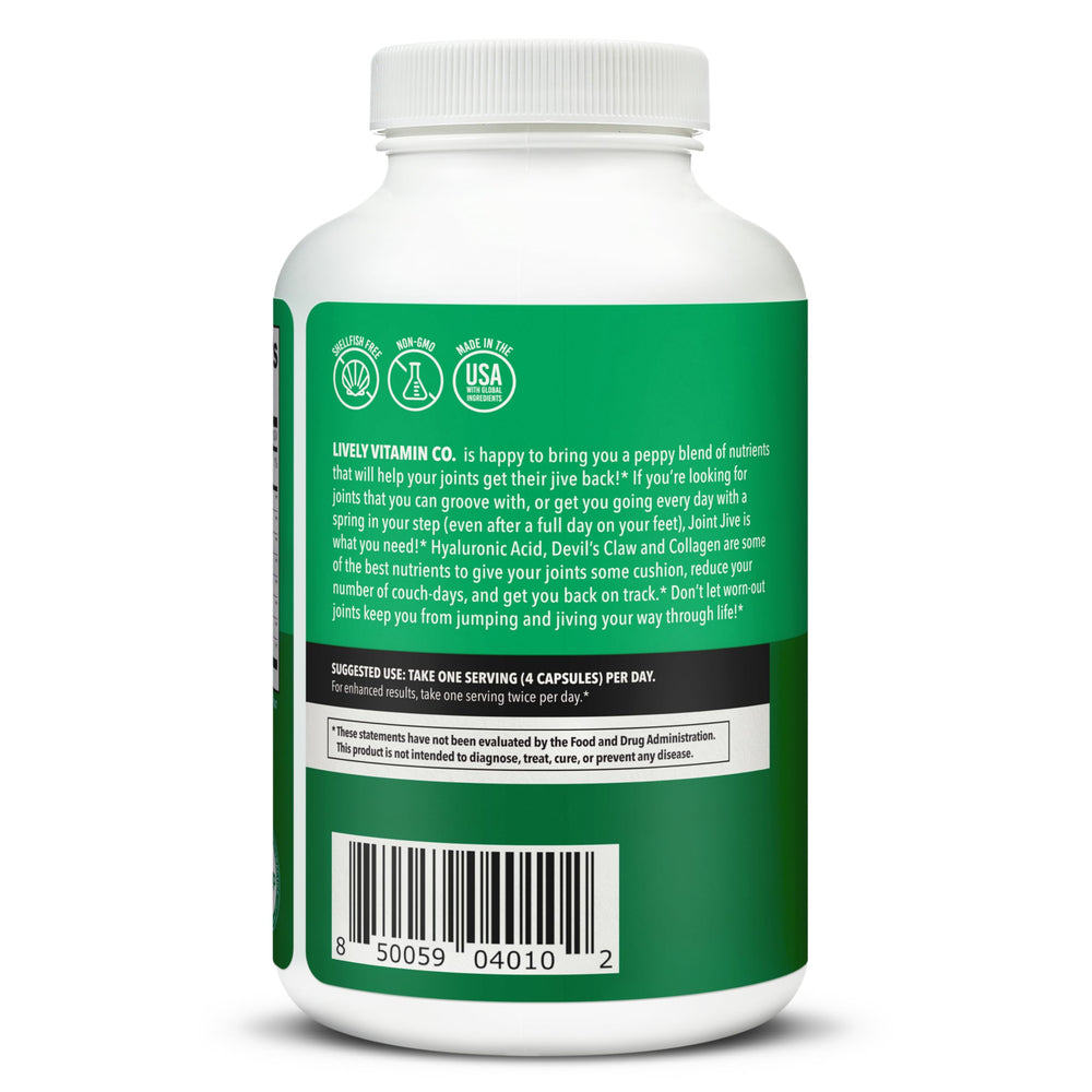 LIVELY VITAMIN CO Joint Jive label design showing shellfish-free formulation and key ingredients