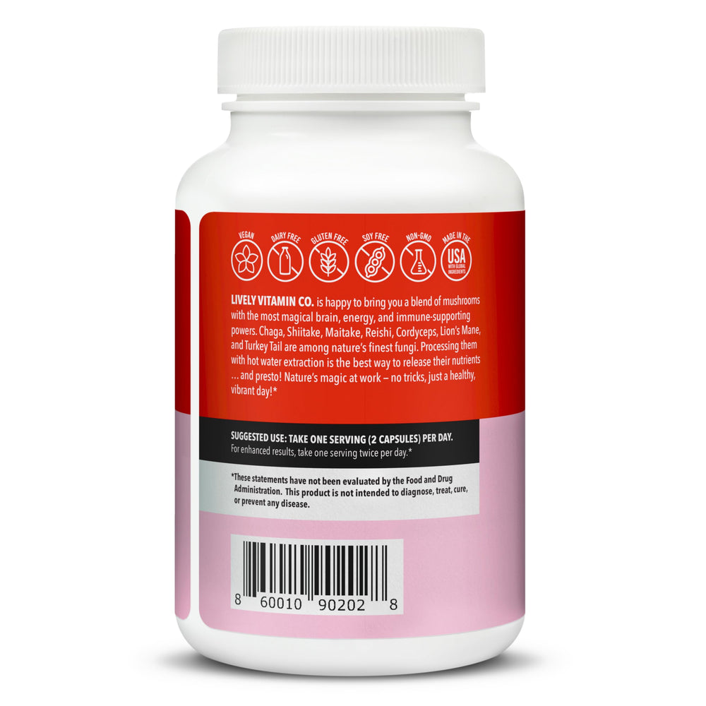 LIVELY VITAMIN CO Mushroom Magic bottle back with supplement details.