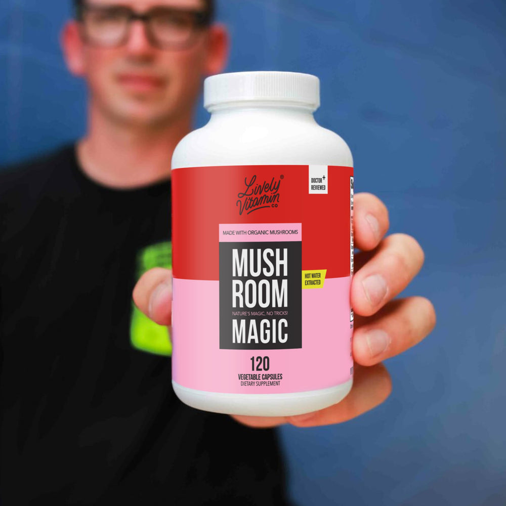 Packaging layout of LIVELY VITAMIN CO Mushroom Magic for display.