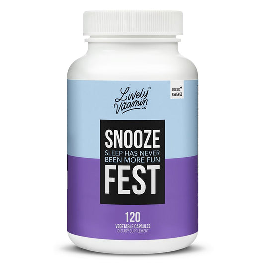 LIVELY VITAMIN CO Snooze Fest bottle promotes full REM cycles for restorative sleep.