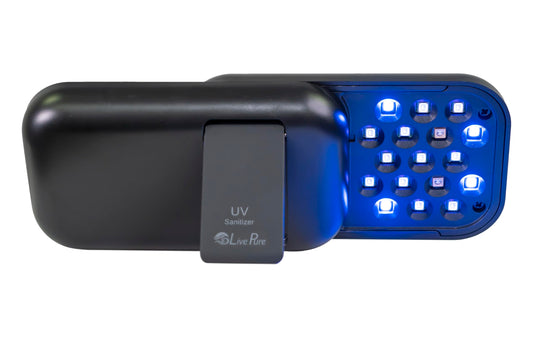 LivePure handheld UV light sanitizer front view for quick surface disinfection.