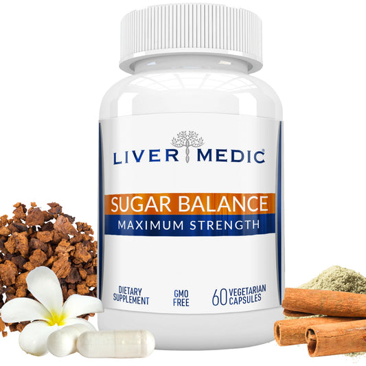 Liver Medic Blood Sugar Complex bottle with capsules for daily energy support.