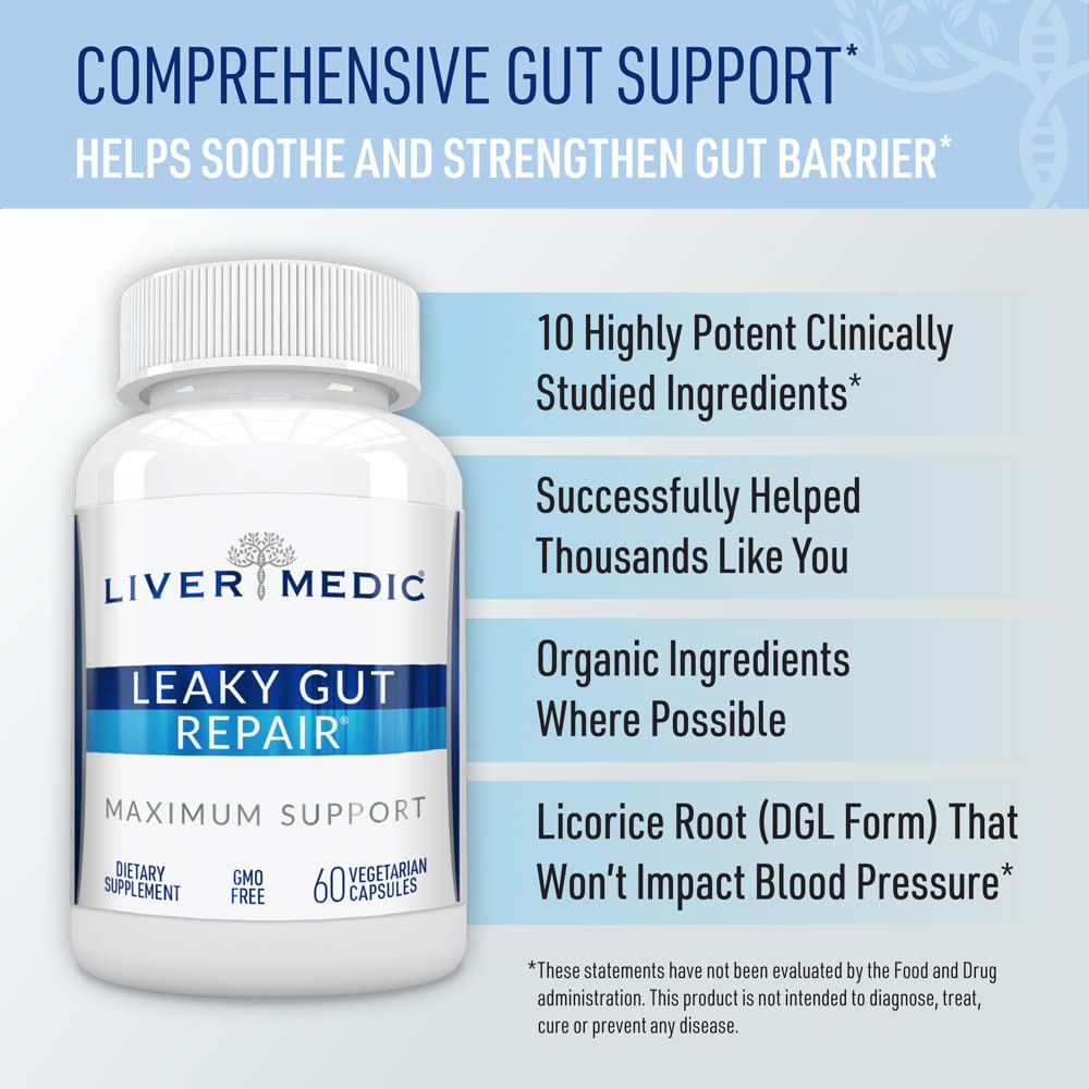 Liver Medic Leaky Gut Repair ingredient list close-up shows natural botanicals.