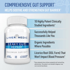 Liver Medic Leaky Gut Repair ingredient list close-up shows natural botanicals.
