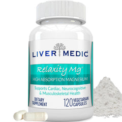 Liver Medic Relaxity mg bottle showing clear dosage and relaxed label for sleep support