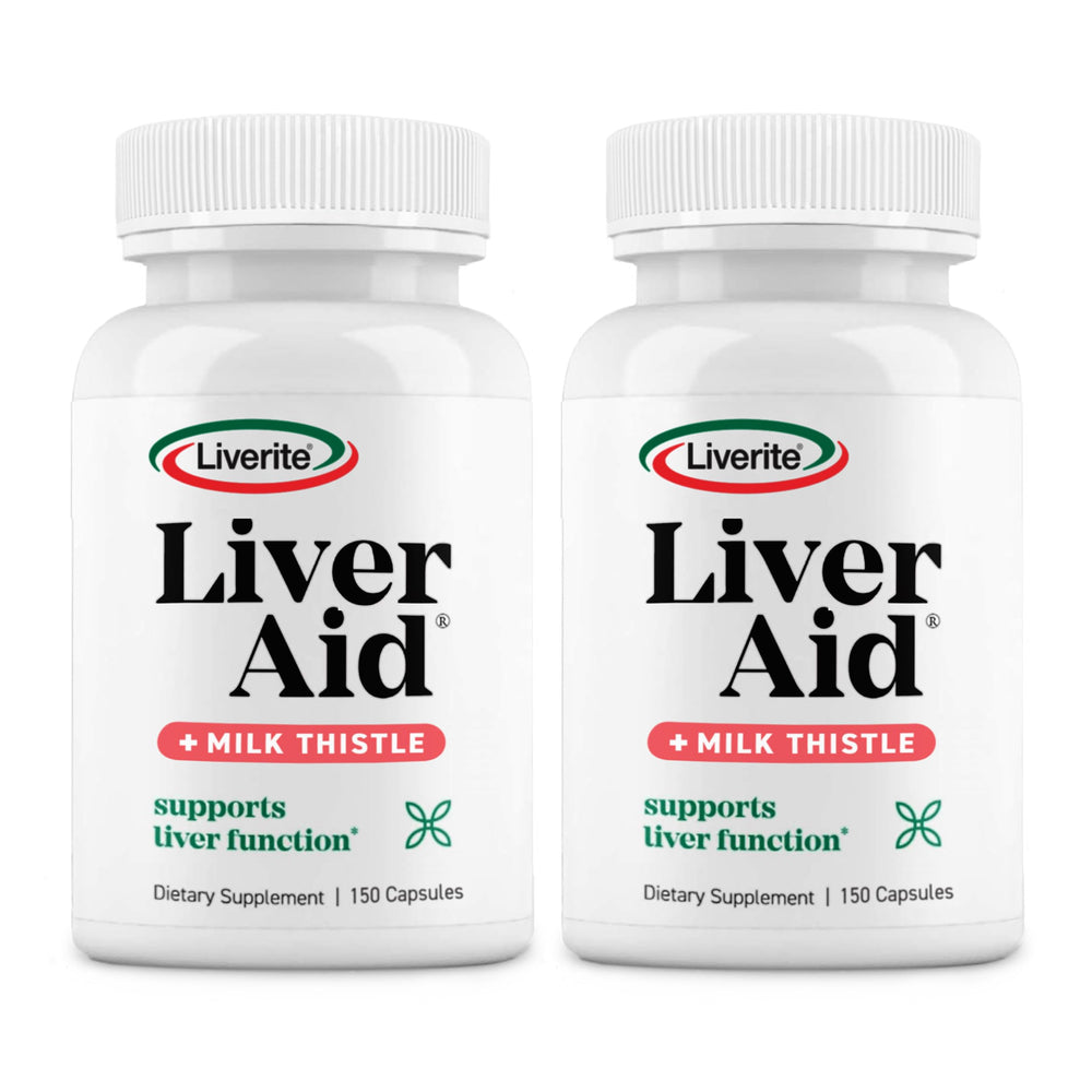 Liverite Liver Aid bottle front, two-pack packaging for daily liver support.