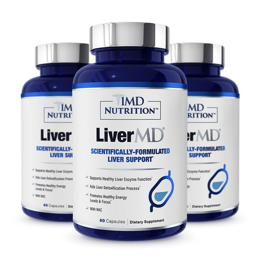 1MD LiverMD bottle front highlighting liver support for daily vitality