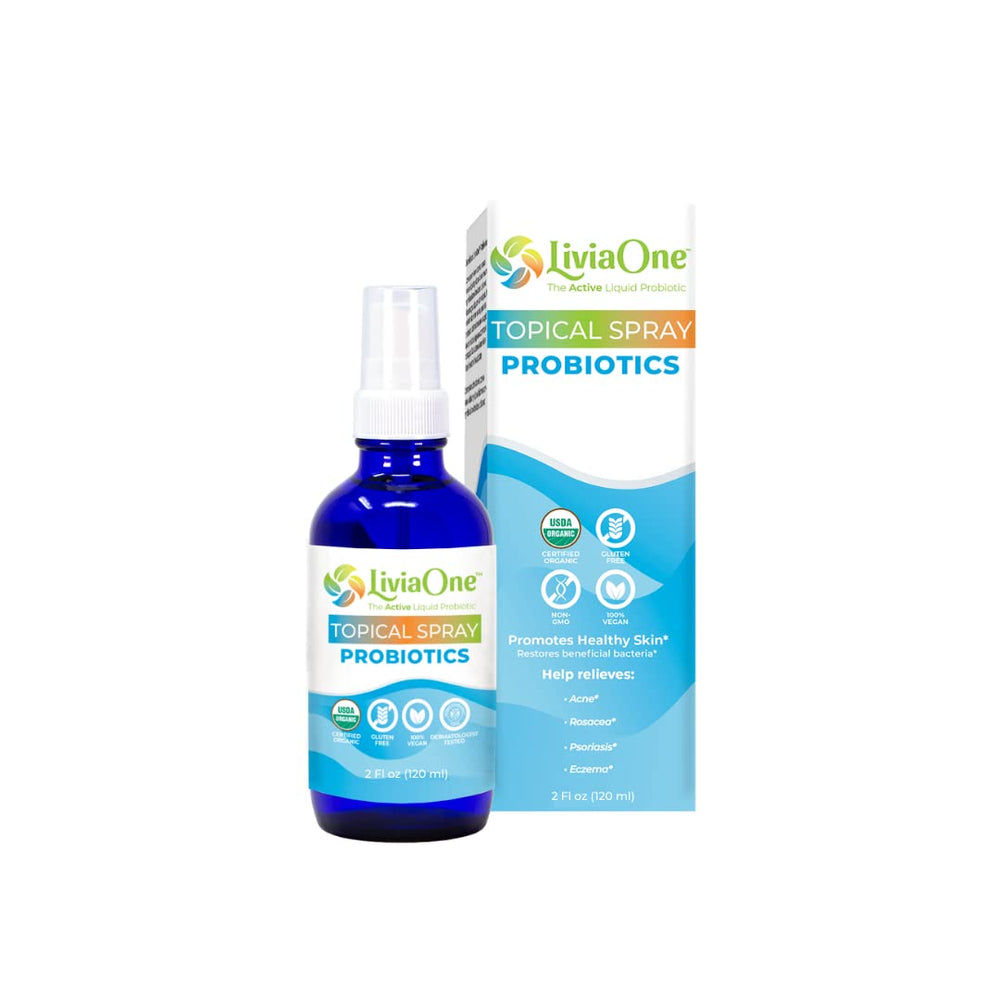 LiviaOne topical probiotic spray bottle close-up highlighting skin support.