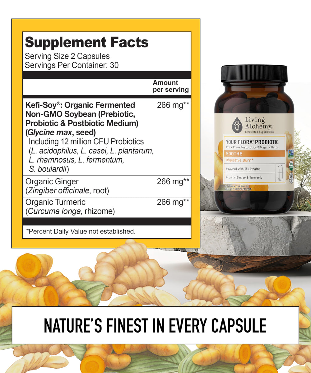 Living Alchemy Your Flora Probiotic Soothe capsules close-up for daily digestion support