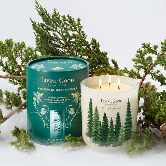 Living Good Candle Co Into the Forest jar closeup with pine and eucalyptus aroma