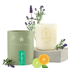 Living Good Candle Co Claricomb lavender and bergamot candle jar for calm spaces