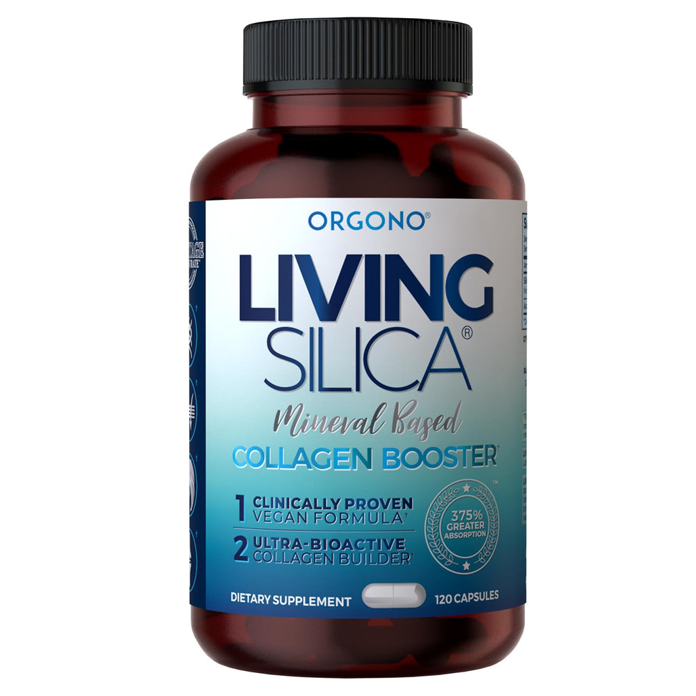 Living Silica ORGONO capsules bottle highlighting silica-based support for skin and joints.