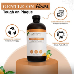 Fresh Citrus mouthwash being poured, highlighting enamel-friendly formula.