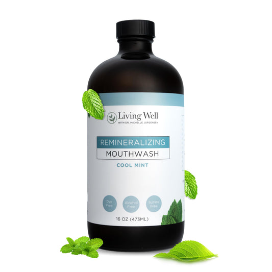 Living Well with Dr. Michelle Cool Mint mouthwash bottle showing fluoride-free formula for daily use