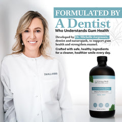 Cap pour of Living Well with Dr. Michelle Cool Mint mouthwash demonstrates dosage