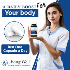 Living Well with Dr. Michelle Vitamin D3 K2 capsules on a tray show 60-day supply.