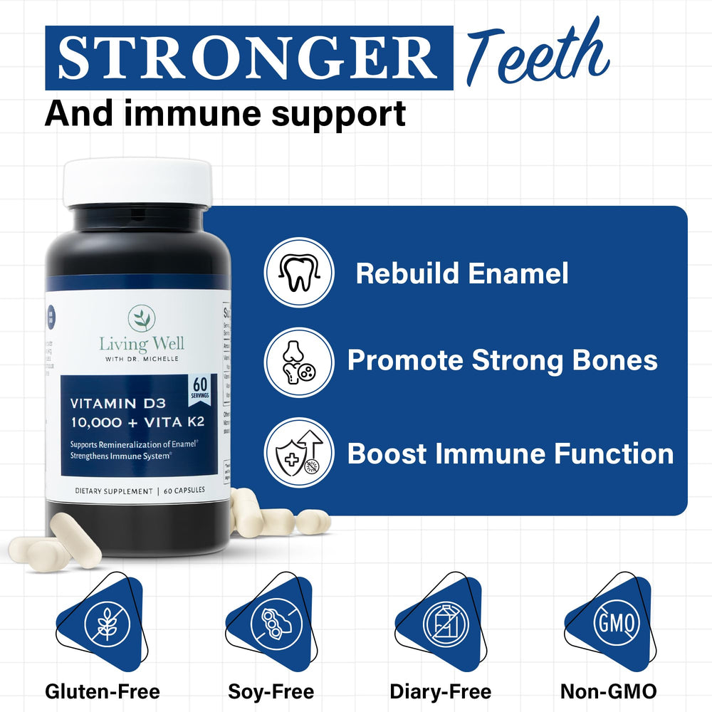 Living Well with Dr. Michelle Vitamin D3 K2 label closeup notes non-GMO and dairy-free promise.