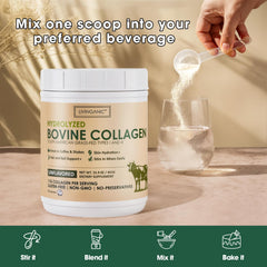 LIVINGANIC collagen powder ingredients label showing grass-fed origin