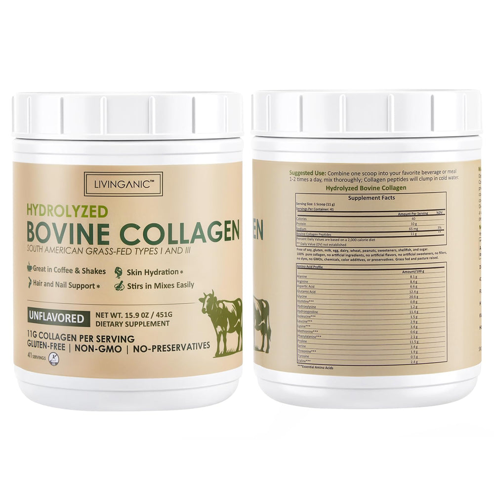 LIVINGANIC collagen powder zero sugar badge with nutrition facts