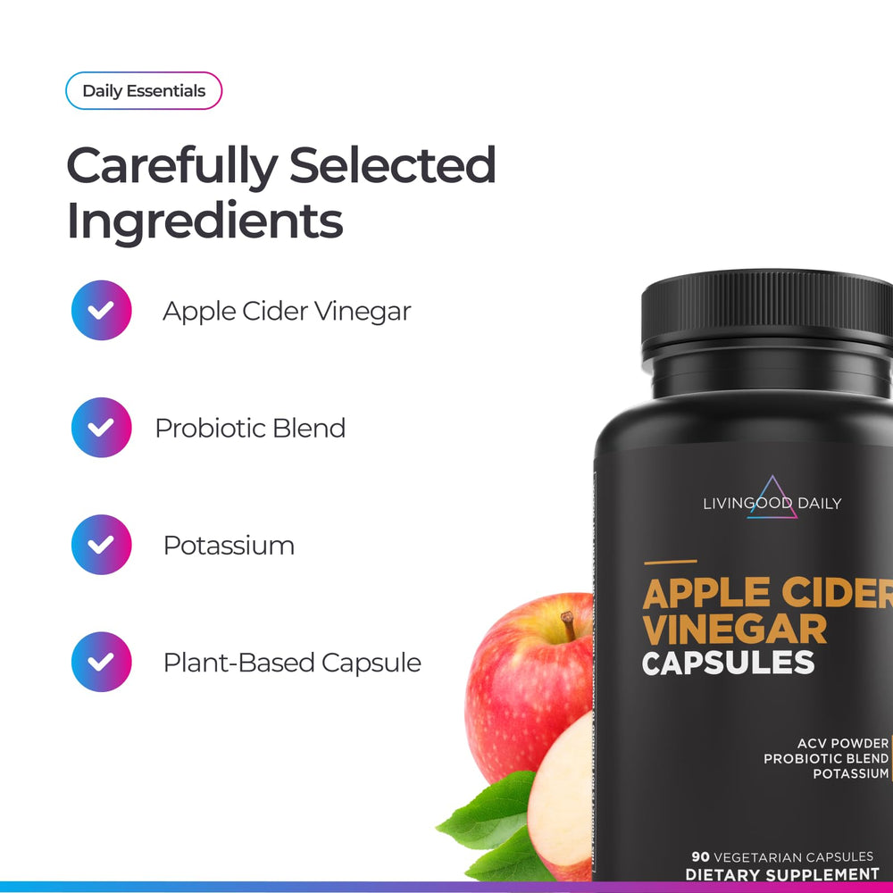 Close-up of Livingood Daily ACV with Mother capsules for gut support.