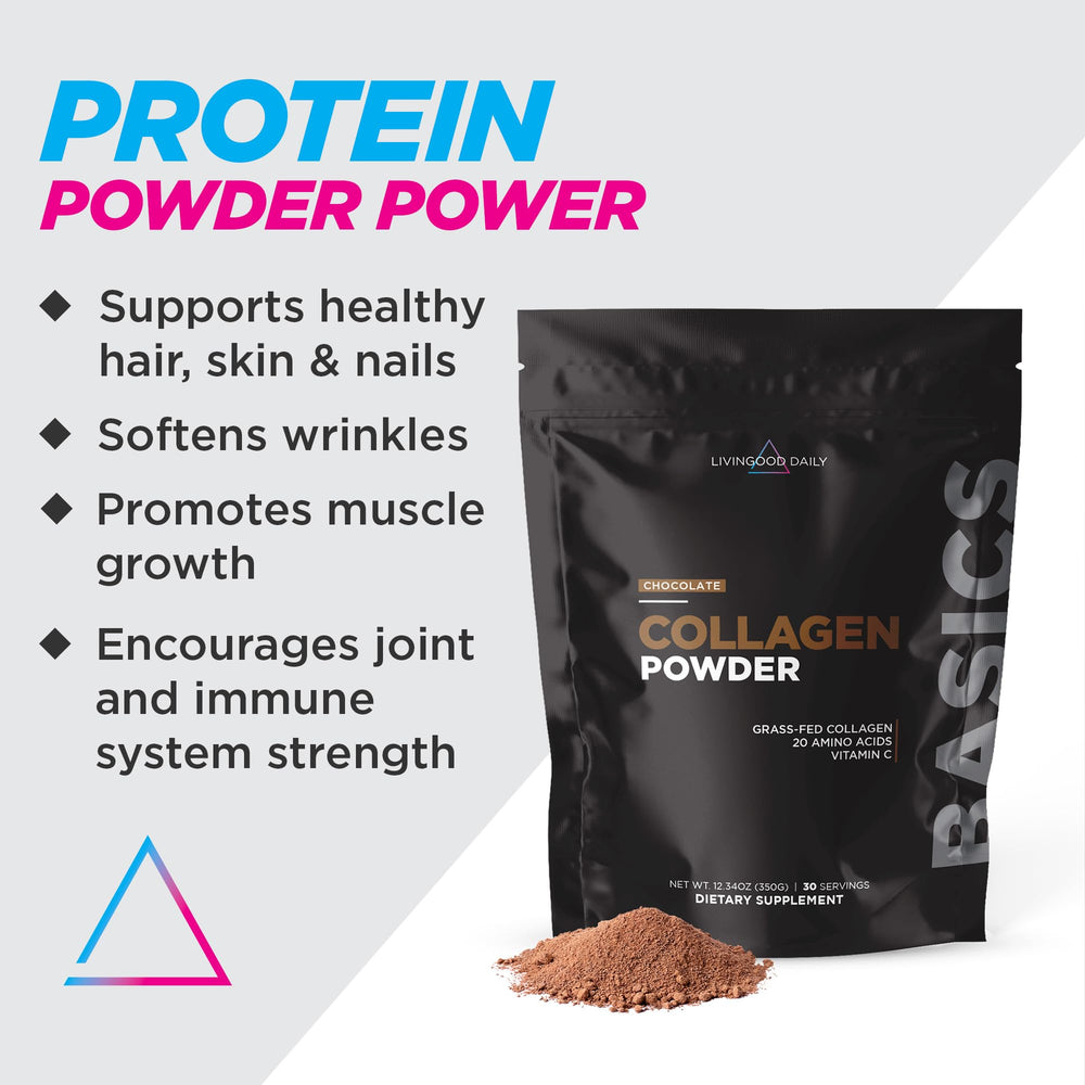 Livingood Daily chocolate collagen powder scoop beside the container for easy one-scoop use