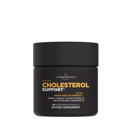 Livingood Daily Cholesterol Support bottle with capsules for a simple daily health routine.