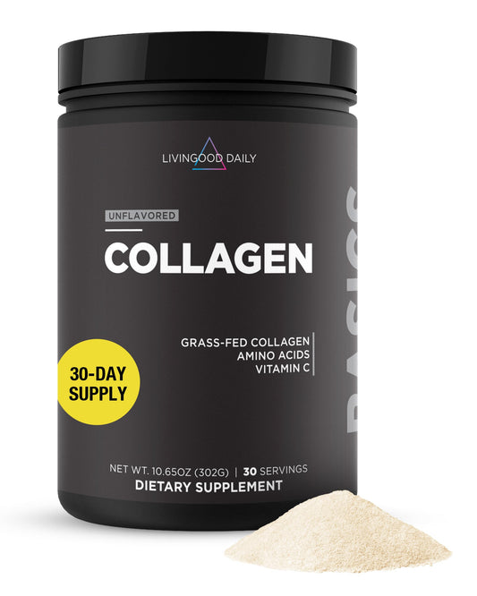 Livingood Daily collagen powder canister on kitchen counter for daily protein support