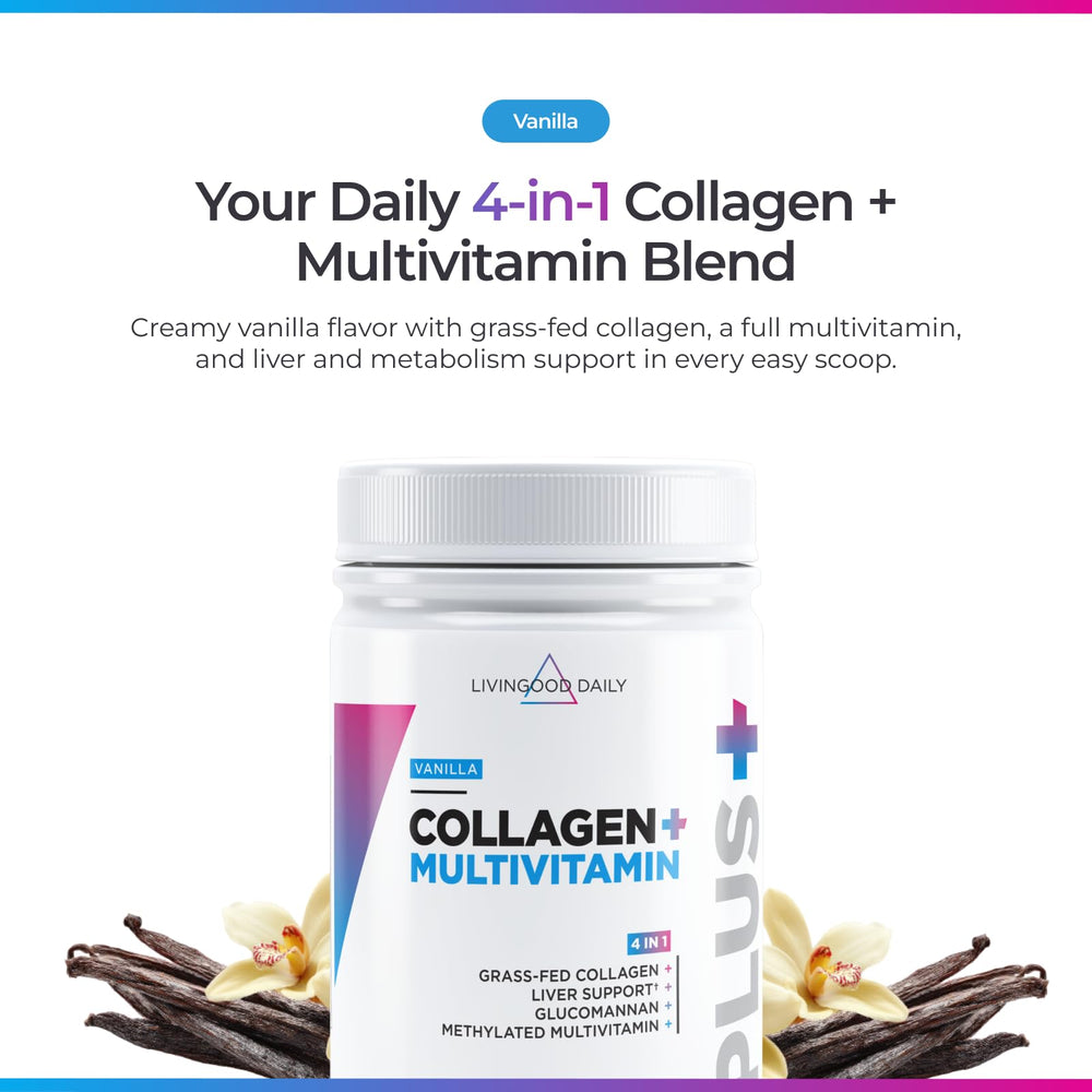 Livingood Daily collagen powder vanilla scoop highlighting convenient daily serving.