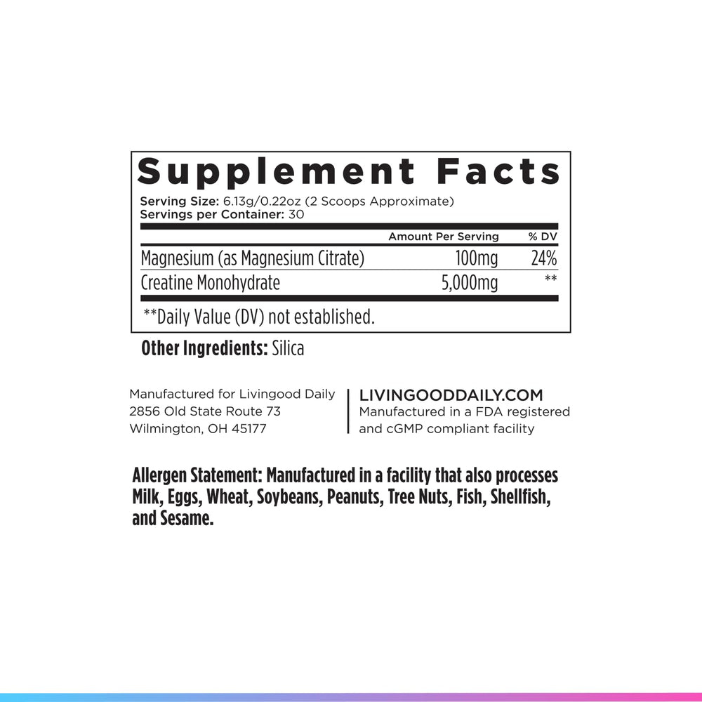 Livingood Daily Creatine Magnesium Powder supports recovery after training.