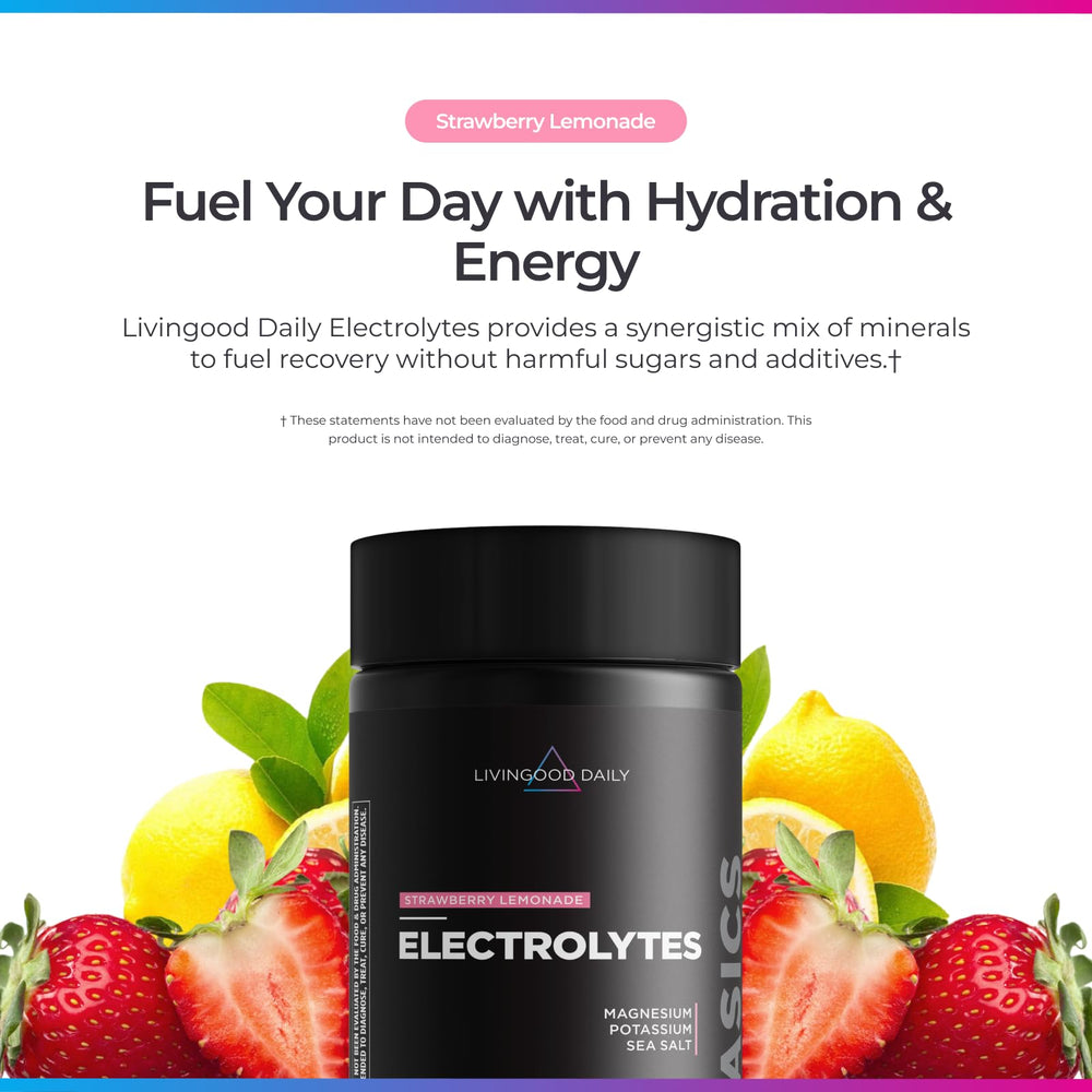 Livingood Daily Electrolytes bottle back showing ingredients overview.