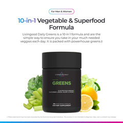Livingood Daily Greens capsules close-up showing easy-to-swallow plant-based capsules