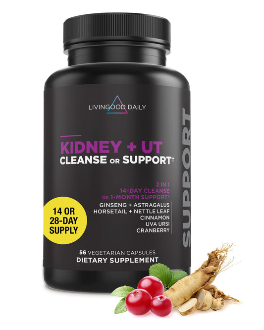 Livingood Daily Kidney Cleanse bottle, versatile 2-in-1 support for cleanse or daily urinary health.