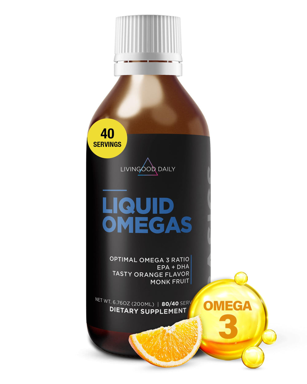 Livingood Daily Liquid Omega-3 bottle; easy daily omega-3 intake for the family.