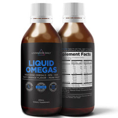Livingood Daily Liquid Omega-3 label close-up with monk fruit and orange flavor cues.