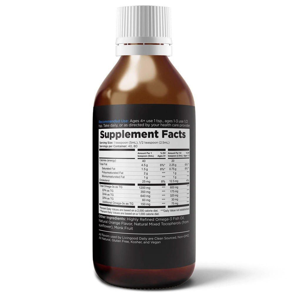Livingood Daily Liquid Omega-3 non-GMO and gluten-free badge on label.